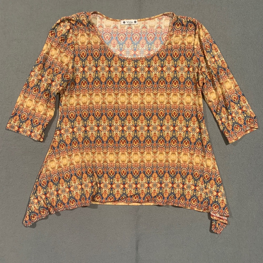 Wilde Womens 2X Medallion Print Sharkbite Hem Tunic‎ Blouse 3/4 Sleeve Gypsy USA